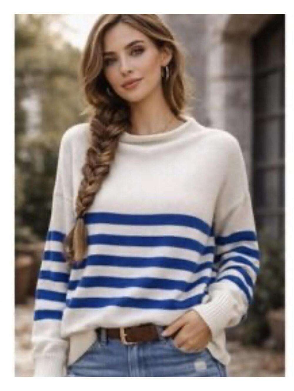 Truth By Republic White and Blue Striped Roll Neck Funnel Sweater - Women L NWOT